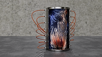 Foto: The section through the experimental cylinder with magnetic field probes provides a view of the 3D representation of a turbulent temperature-driven flow in a liquid metal. ©Copyright: B. Schröder/HZDR