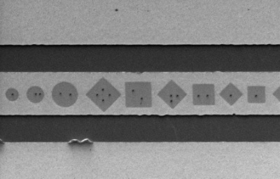 Unterschiedliche Anordnungen von FIB-gesputterten Nanolöchern in lithografisch vorstrukturierten dünnen magnetischen Schichten