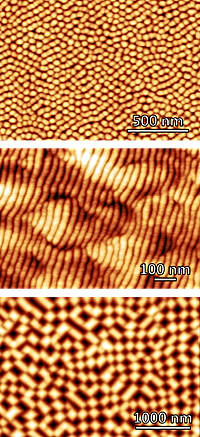 Foto: AFM Abbildungen von verschiedenen ioneninduzierten Oberflächenstrukturen ©Copyright: Dr. Denise Erb