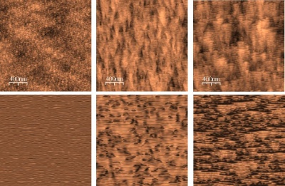 Vergleich der experimentellen (oben) und simulierten (unten) Oberflächentopografien von Si zu verschiedenen Sputterzeiten