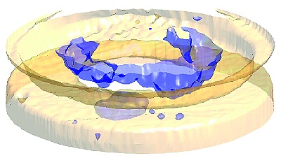 Die Strömungsexperten am HZDR wissen, was hinter undurchsichtigen Rohrwänden geschieht: Dank der ultraschnellen Elektronenstrahl-Röntgentomographie können sie die Form und Größe von Gasblasen (blau) in einer Luft- Wasser-Strömung abbilden.