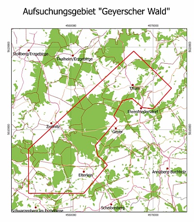 Aufsuchungsgebiet Geyerscher Wald. (c) Daten von OpenStreetMap. Veröffentlicht unter ODbL. http://www.openstreetmap.org/copyright