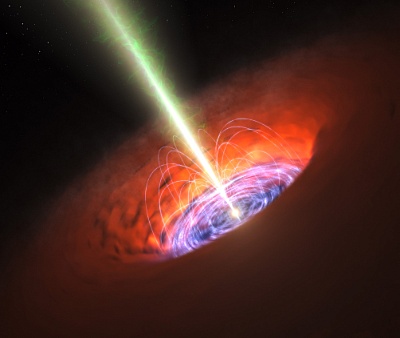 Diese künstlerische Darstellung zeigt die Umgebung eines supermassereichen Schwarzen Lochs, wie es typischerweise im Zentrum vieler Galaxien gefunden wird. Das Schwarze Loch selbst ist von einer strahlend hellen Akkretionsscheibe aus sehr heißer, einfallender Materie und einem Staubtorus weiter außen umgeben. Ein kosmischer Jet aus dem Zentrum des schwarzen Lochs kann mitunter mehrere Lichtjahre weit ins All schießen. 
