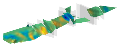 3D-Modell einer Chromitit-Schicht aus dem Bushveld Komplex, Südfrika. Die Geometrie wurde anhand der vorgesagten Verteilung eines metallurgischen Parameters eingefärbt, der die Aufbereitbarkeit vom Platin im Erz angibt. Blau gekennzeichnete Bereiche besitzen ein ungünstiges, gelb gekennzeichnete Bereiche ein günstiges Aufbereitungsverhalten. ©Copyright: HZDR/ Peter Menzel