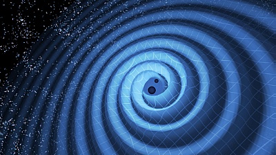The illustration shows how two black holes merge. This causes gravitational waves to emerge.