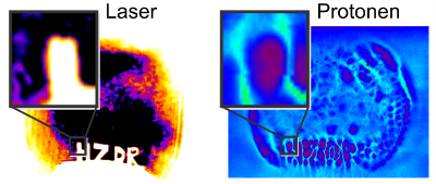 Einem internationalen Forscherteam um die HZDR-Physikerin Lieselotte Obst-Hübl ist es gelungen, mit einem Laserpuls (links) Strukturen in einen Protonenstrahl (rechts) zu prägen.