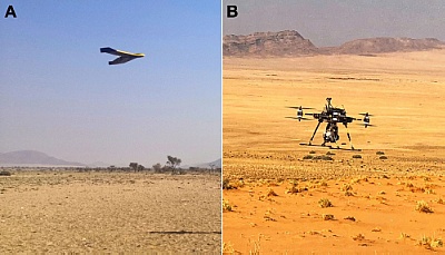 A: Fixed-wing system for the rapid acquisition of photogrammetric data as basis for digital surface models. B: Multi-rotor system for hyperspectral imaging ©Copyright: HZDR/ René Booysen