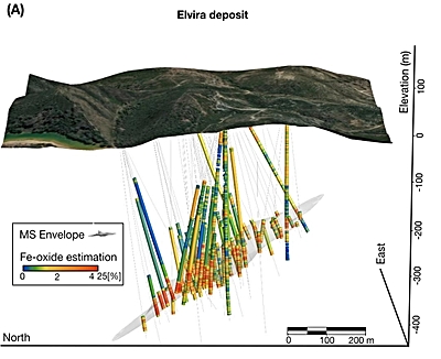 Foto: Visualization of the iron oxide estimation in all boreholes of the Elvira deposit. Grey shadow represents an envelope surface for the massive sulphide lens. ©Copyright: HZDR/HIF