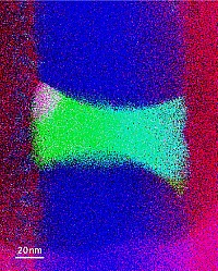 Das Indiumarsenid (grün-cyan) ist perfekt in den Nanodraht (blau) eingebettet. (Energiedispersive Röntgenspektroskopie)