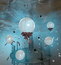 Flotation: 3D visualization. Flotation is commonly used to separate metals from crude ore. During flotation, the finely ground ore is mixed with water. The addition of chemicals makes the ore particles differentially wettable; valuable substances are extracted while worthless particles are left behind. The valuable substances are attached to air bubbles, transported upwards and can thus be separated.