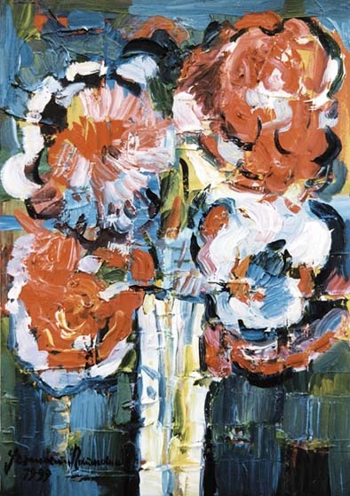 Herrmann Naumann - Blumenstillleben in einer Vase, 1999, Öl/Pappe, 50x35 cm