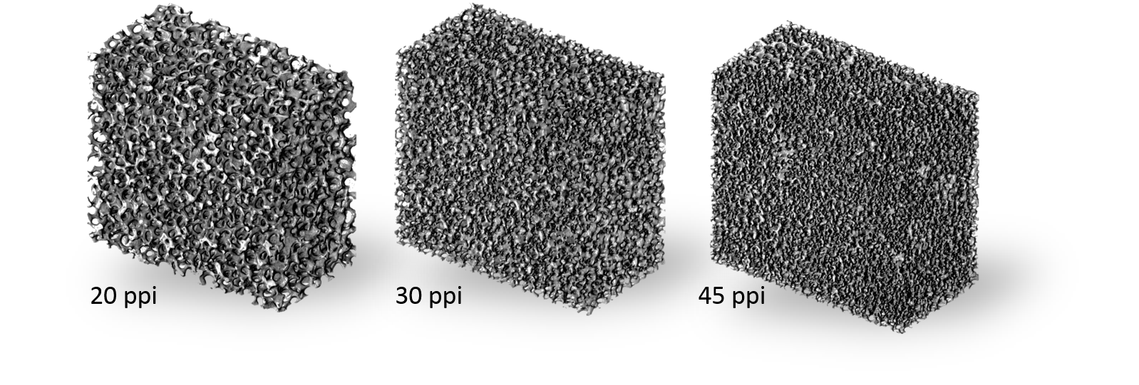 Mikro CT Bilder der verwendeten Schäume mit Porendichten von 20 ppi, 30 ppi und 45 ppi