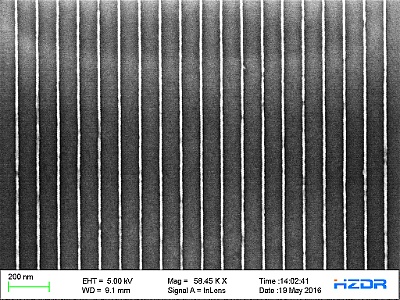 Sub-10 nm gratings (10 nm left, 9 nm middle and 7 nm right) patterned by EBL in the HSQ negative-tone resist on SOI substrate (author Dipjyoti Deb)