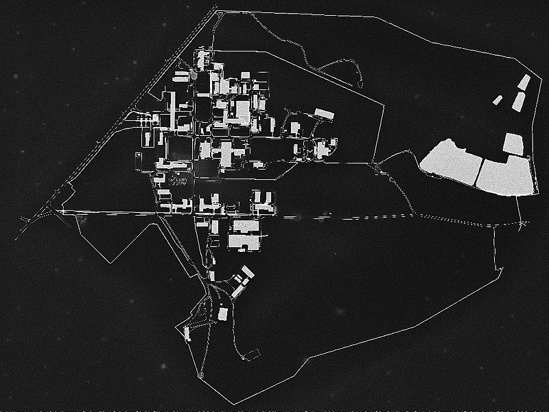 SEM image of the map of HZDR campus in Rossendorf fabricated by EBL with a positive resist, metal deposition and lift-off (author Jochen Grebing)
