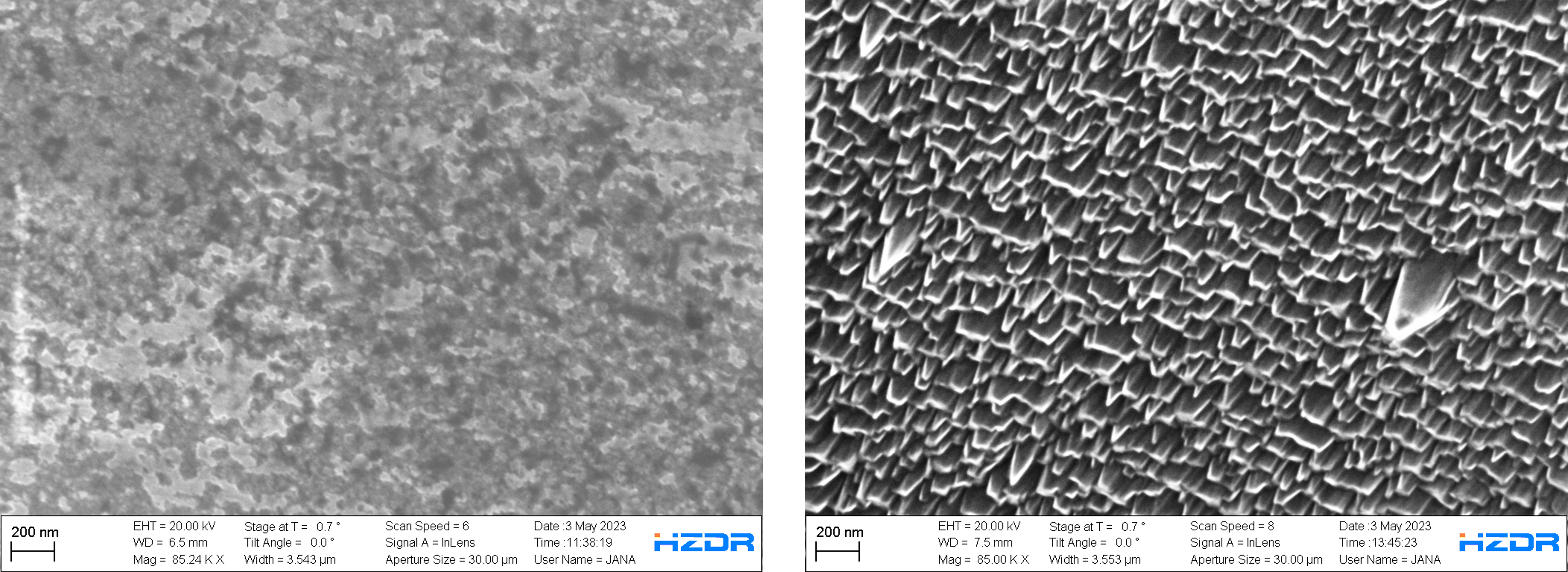 SEM images of the thermally cleaned Mg surface (left) and the argon-sputtered Mg surface (right).