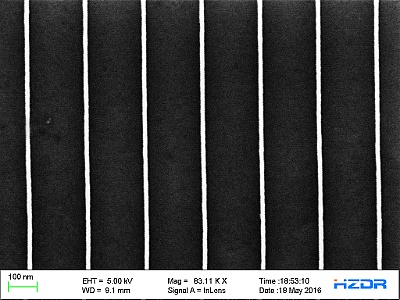 Sub-10 nm gratings (10 nm left, 9 nm middle and 7 nm right) patterned by EBL in the HSQ negative-tone resist on SOI substrate (author Dipjyoti Deb)